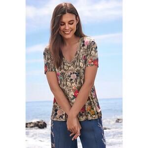 Johnny Was Janie Lace Flower V-Neck Swing Tee T-Shirt Viscose Bamboo XS